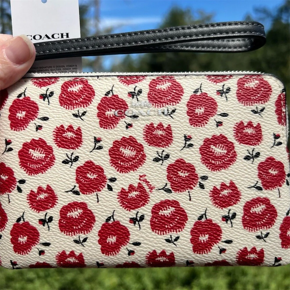COACH Signature Canvas Rose Print Wristlet Wallet Clutch Silver Hardware NWT